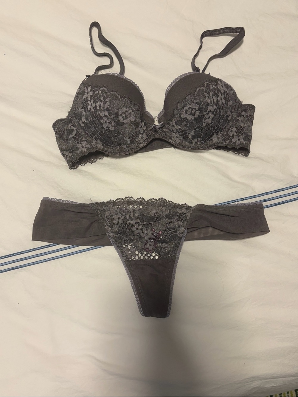 Adore Me Gray Lace Push-Up Bra & Thong Set